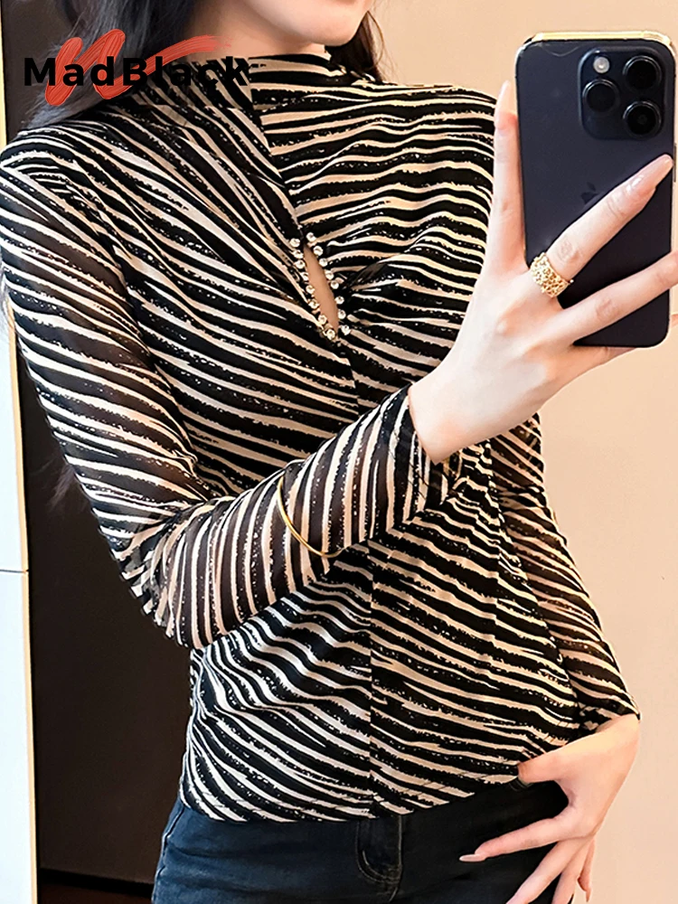 MadBlack-Women's European T-Shirt, Sexy Mock Neck Striped Hollow-out, Clubwear Long Sleeve Slim S-3XL Tee, 2025 Autumn T5O515CC