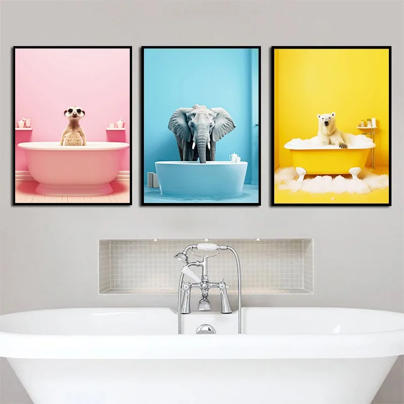 Funny Animals Poster Kangaroo Hippo Elephant Bathroom Canvas Painting Bubble Bath Prints Wall Art Home Bath Room Toilet Decor