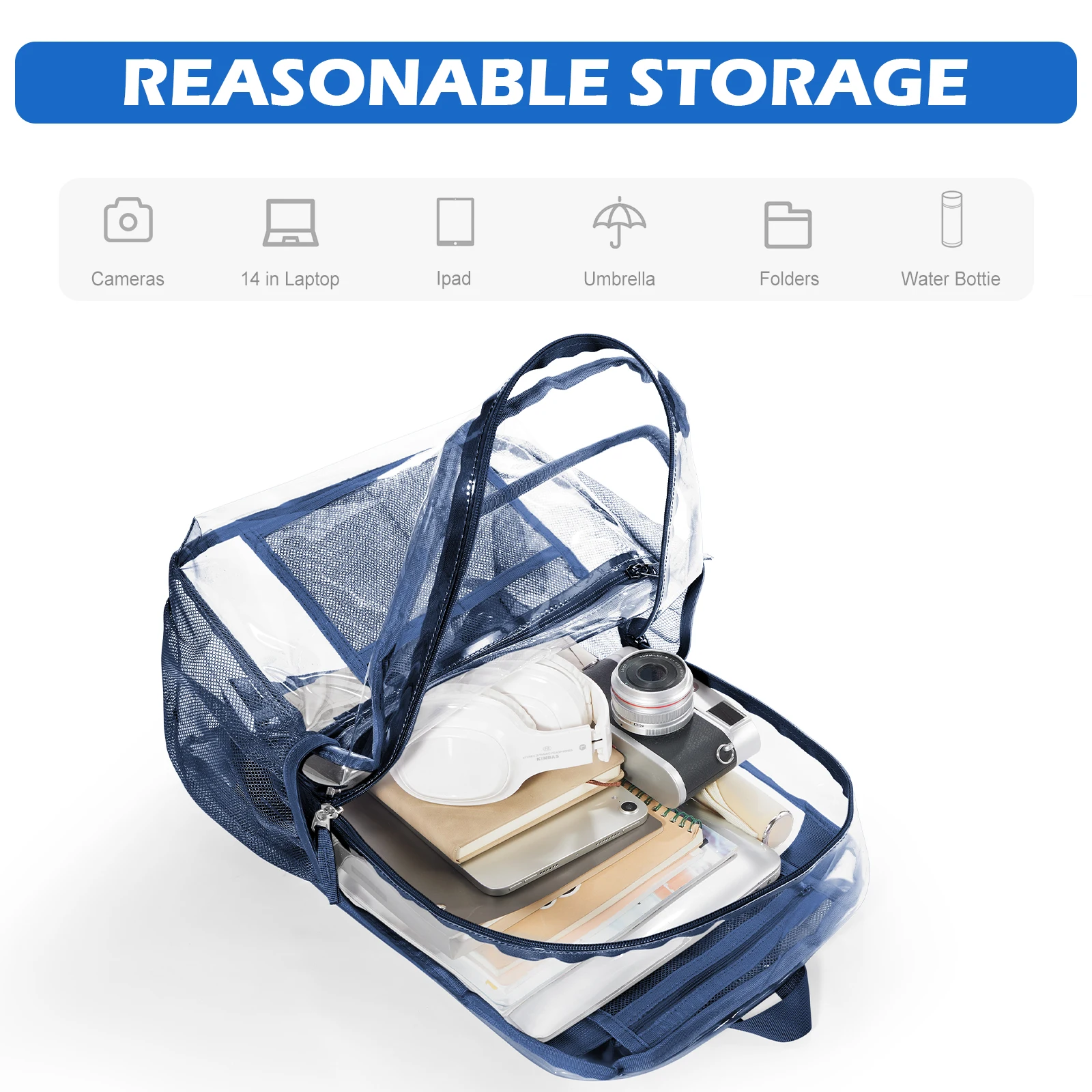 حقيبة ظهر شفافة من البوليستر - حقيبة نهارية شفافة أنيقة للمدرسة متعددة الجيوب حقيبة ظهر شفافة كاجوال حقيبة جمالية حديثة #5