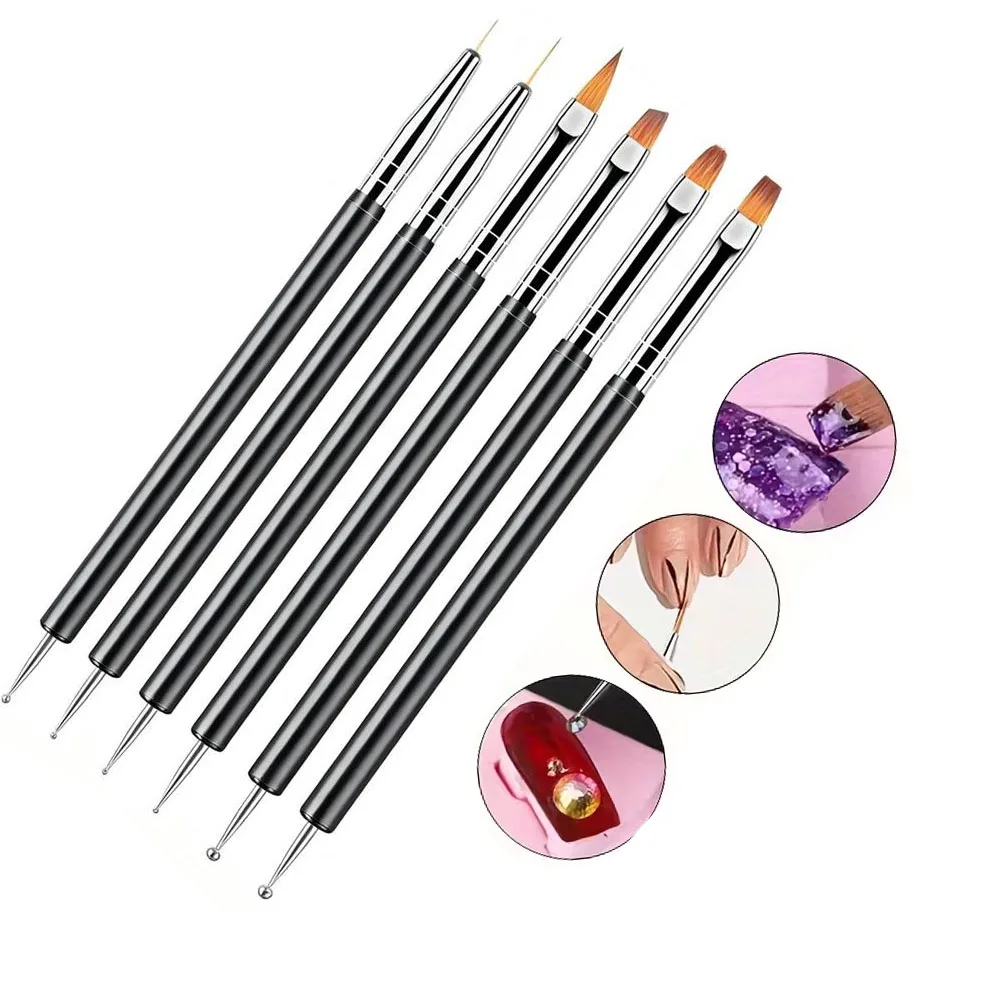 6개/세트 아크릴 네일 아트 브러쉬 & 도팅 툴 키트 양면 프렌치 네일 페인팅 펜 네일 디자인 디테일 라이너 네일 도구 *