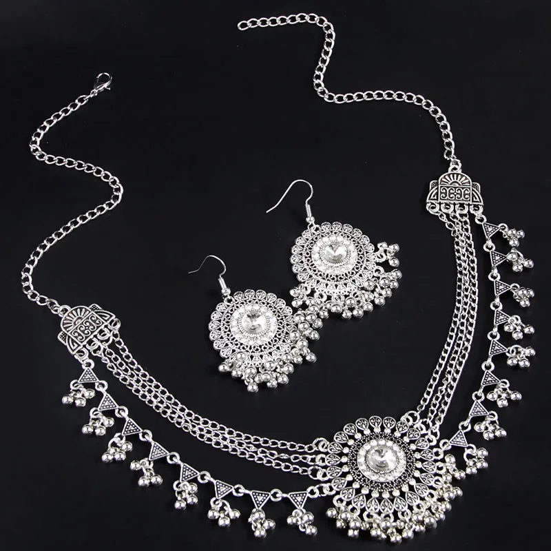 New Rhinestone Jewelry Sets Metal Beads Tassel Multilayer Necklace Earrings Set For Women Bijoux Statement Collar Necklace Set