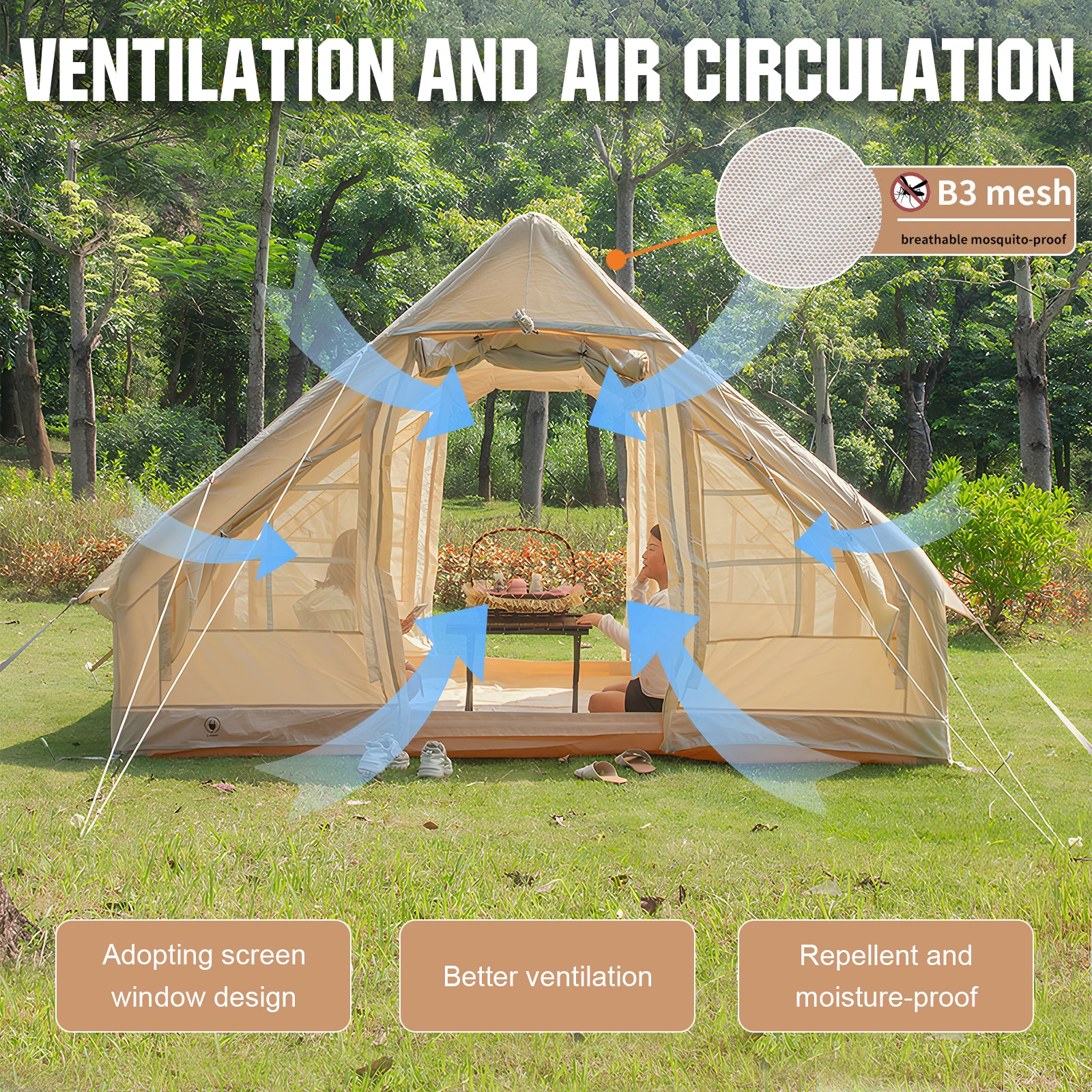 

Inflatable Tent with Hand Pump Portable Glamping Tent Breathable Air Family Tunnel Tent Easy Setup 4-6 Person House