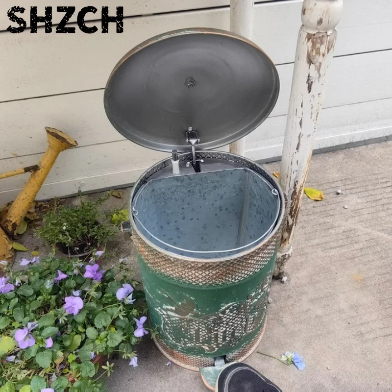 Vintage Cast Iron Garden Trash Can Foot Pedal Outdoor Waste Bin with Silent Closing Lid Large Capacity Garbage Bin Rustic Decor