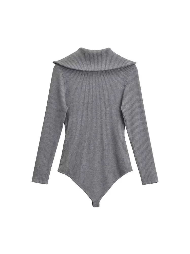 Nlzgmsj TRAF 2024 Long Sleeve Turn-down Collar Gray Knitted Bodysuit Women Spring Autumn Jumpsuit Women Top