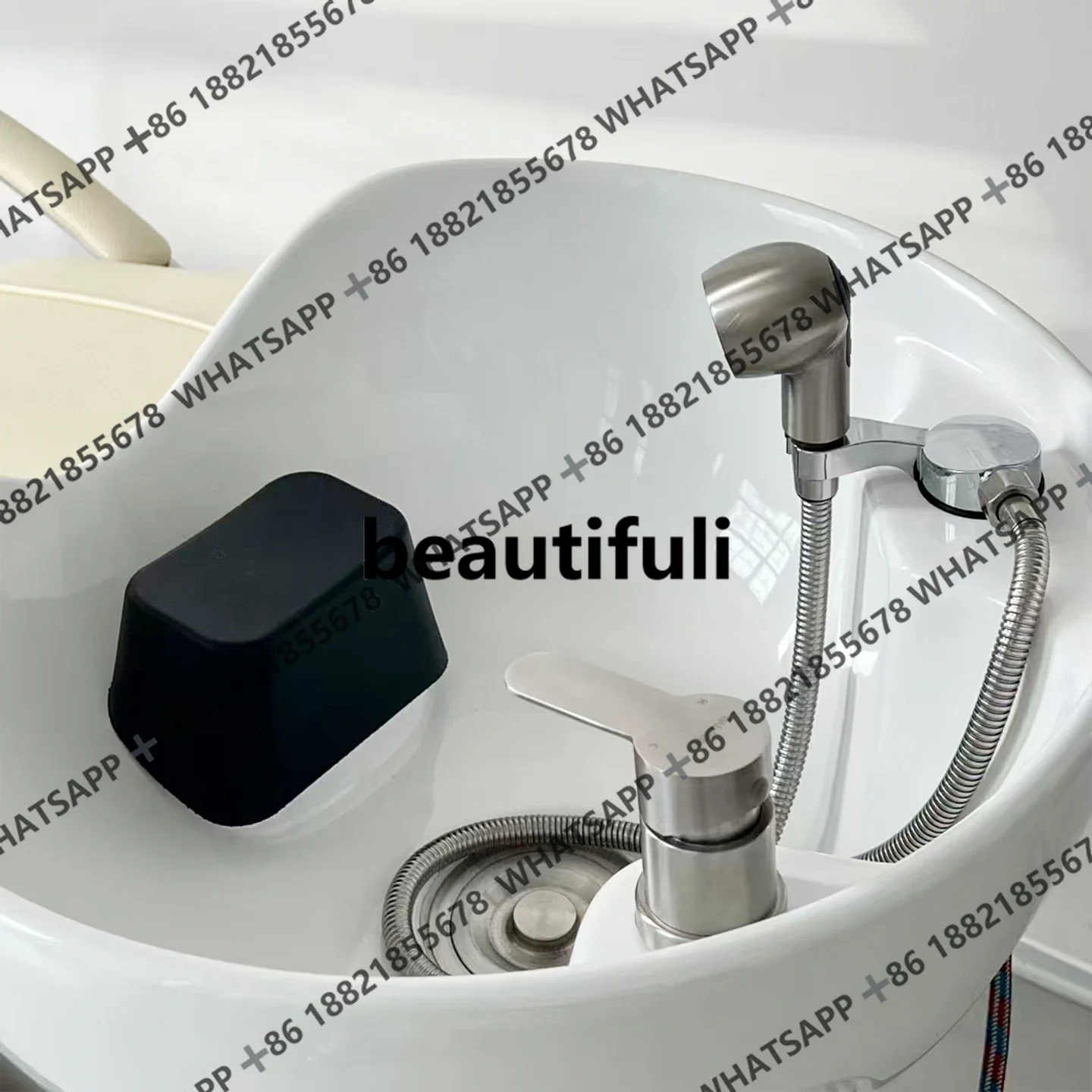 سرير شامبو، محل حلاقة جديد، سرير شامبو نصف مستلق، حوض سيراميك من الفولاذ المقاوم للصدأ، سرير شامبو فلوش