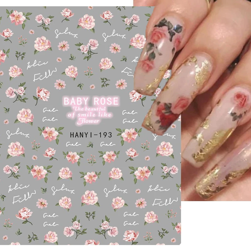 Nail Art 3d Stickers Pink Baby Roses Flowers White Letters Adhesive Sliders Decals Decorated Nail Manicures