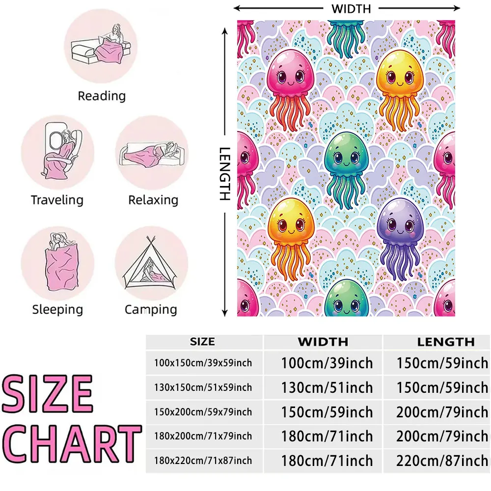 230G Flannel Fleece Blanket Colorful Jellyfish Ocean Print Soft Throw Blanket for Kids Home Decor