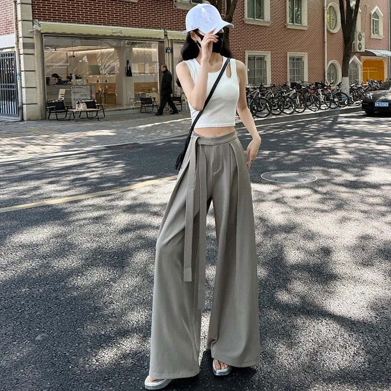 الربيع الصيف الدانتيل متابعة المرأة بنطال ذو قصة أرجل واسعة وشاحات 2025 جديد عالية الخصر جيوب الصلبة عادية فضفاض مستقيم السراويل للمرأة