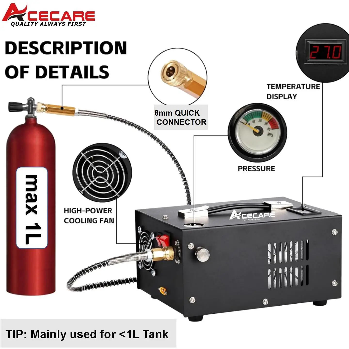 ACECARE ES061 4500Psi 300Bar 12V DC/110V/220V bomba de compresor de aire portátil PCP HPA potencia sin aceite/agua para buceo tanque de buceo