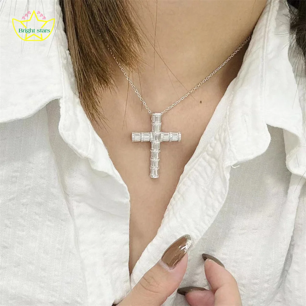 Bright Stars High Sense S925 sterling silver cross ladder square full diamond necklace for women