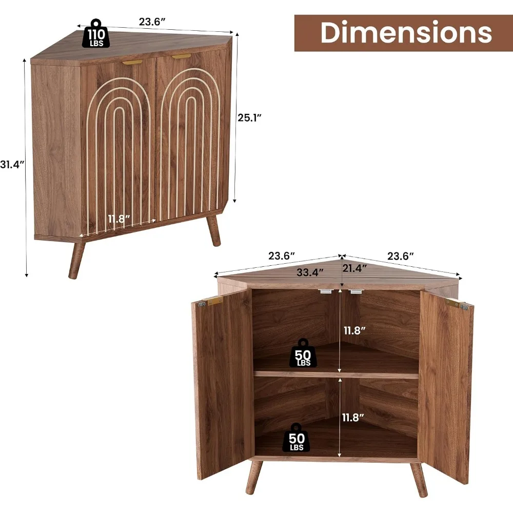 Small Corner Cabinet, Mid Century Modern Floor Storage Cabinet with Curved Doors and Shelf, Wooden Fluted Freestanding Narrow Storage Organizer for Living Room, Kitchen, Dining Room, Entryway, Walnut