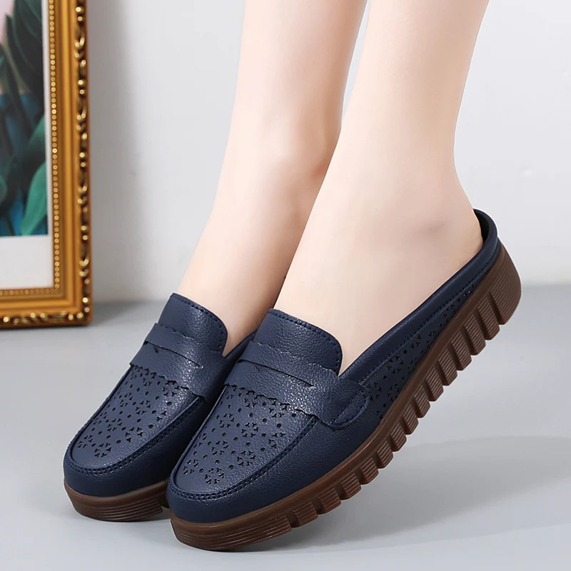Genuine Leather Women Flats Hollow Slip On Leather Loafers Ladies Shoes Korean Style Soft Moccasins Half Slippers Big Size 42 43