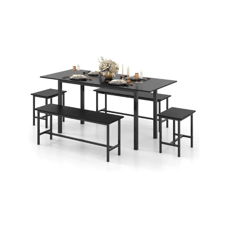 Dining Table Set for 4-6, 5-Piece Kitchen Table Chairs Set, 63” Extendable   with 2 Benches, 2 Stools, Dinette