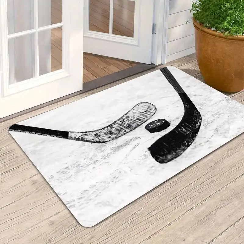 Ice Hockey Stick Door Mat, Black & White Puck Pattern, Sports Fan Welcome Rug, Non-slip Entrance Floor Mat, Game Room Decor