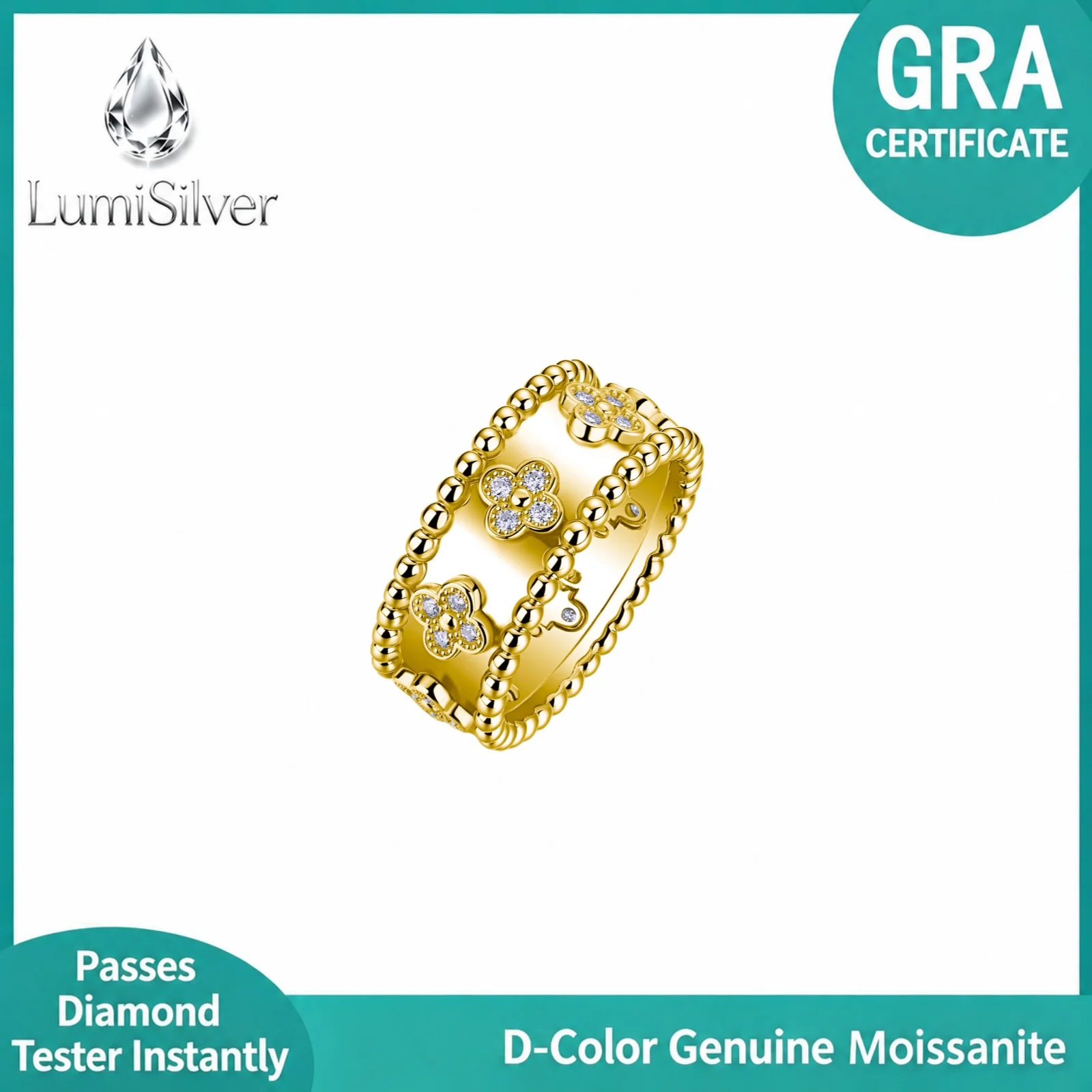 S925 Sterling Silver Moissanite Four Leaf Clover Ring Beaded Edge Wide Band Stackable Statement Ring for Women Fine Jewelry