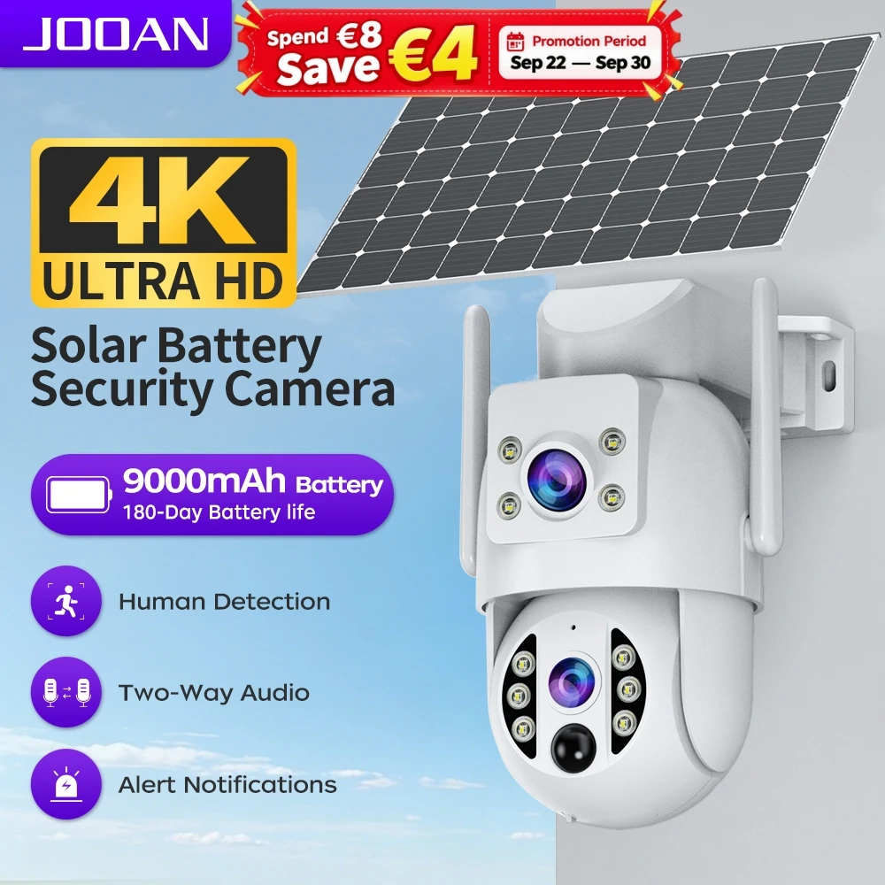 Caméra WiFi solaire extérieure JOOAN 4K, double objectif, détection humaine PIR, vision nocturne, protection de sécurité, caméra IP, batterie à faible consommation, CCTV