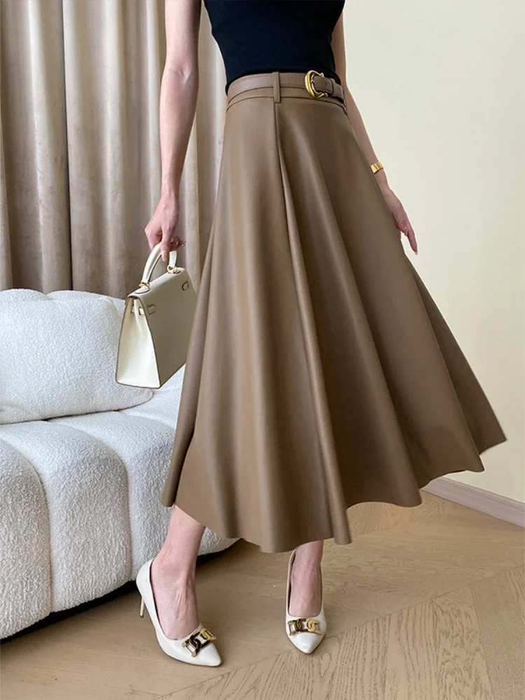 Fashion Casual Women Skirt PU Leather Ankle Length Solid Color A Line Pleated Skirt Leisure Formal Skirt with Belt French Style