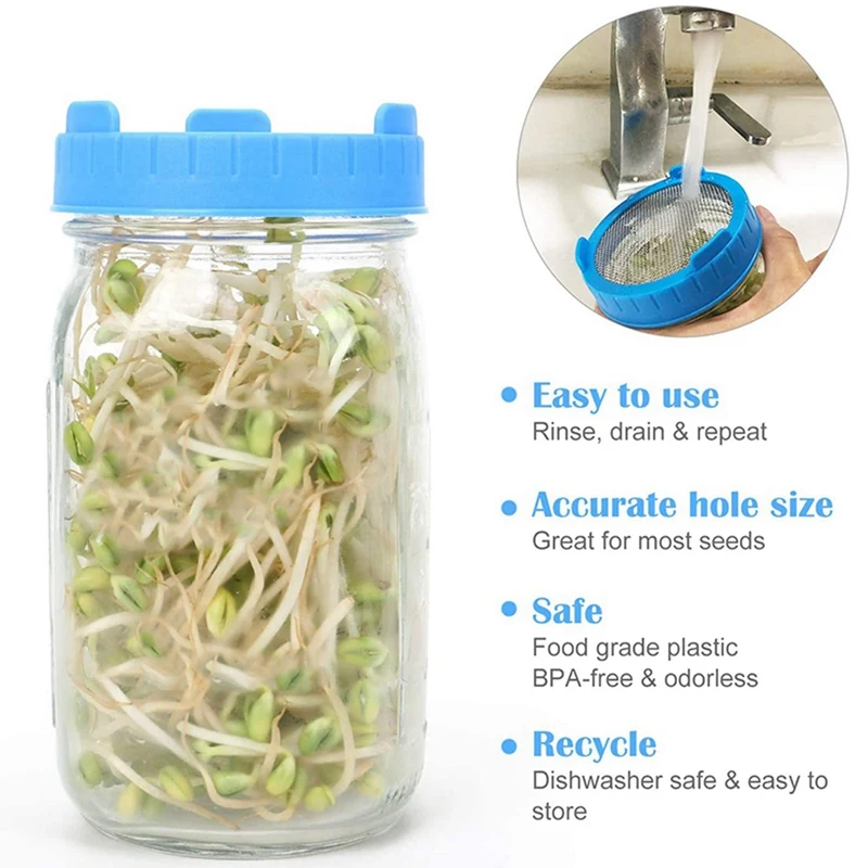 THIVN-8 Pack Sprouting Lids, Plastic Sprout Lids With Stainless Steel Screen For Wide Mouth Mason Jars, Sprouter Sprout Maker