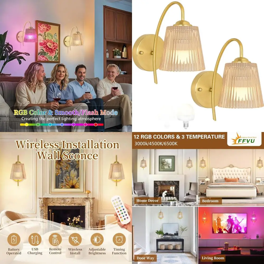 

Винтажное настенное бра на батарейках с цветочным абажуром, 15-цветный светодиод для домашнего декора (янтарная полоса, 2 лампы)