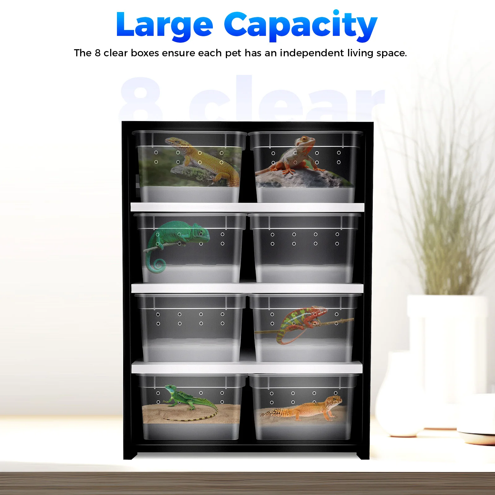 خزانة تربية الزواحف والبرمائية مكونة من 8 طبقات، ووسادة تسخين 25 وات وتهوية كاملة، ونظام تررم للعناكب والسحالي والثعابين