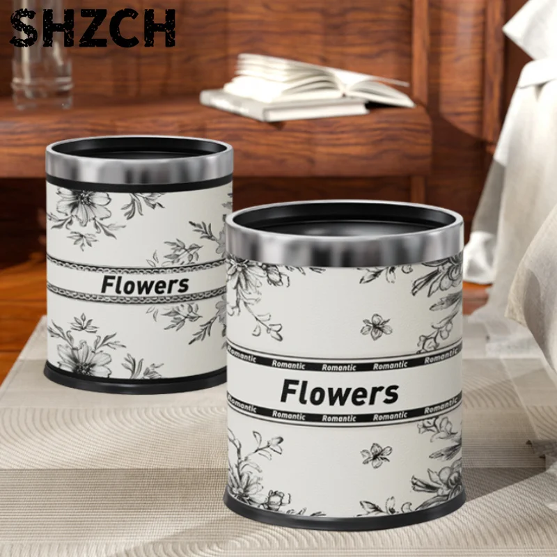 Medieval Leather Garbage Bin Household High Appearance Level Flowers Recycling Garbage Basket Bedroom Living Room Storage Bucket