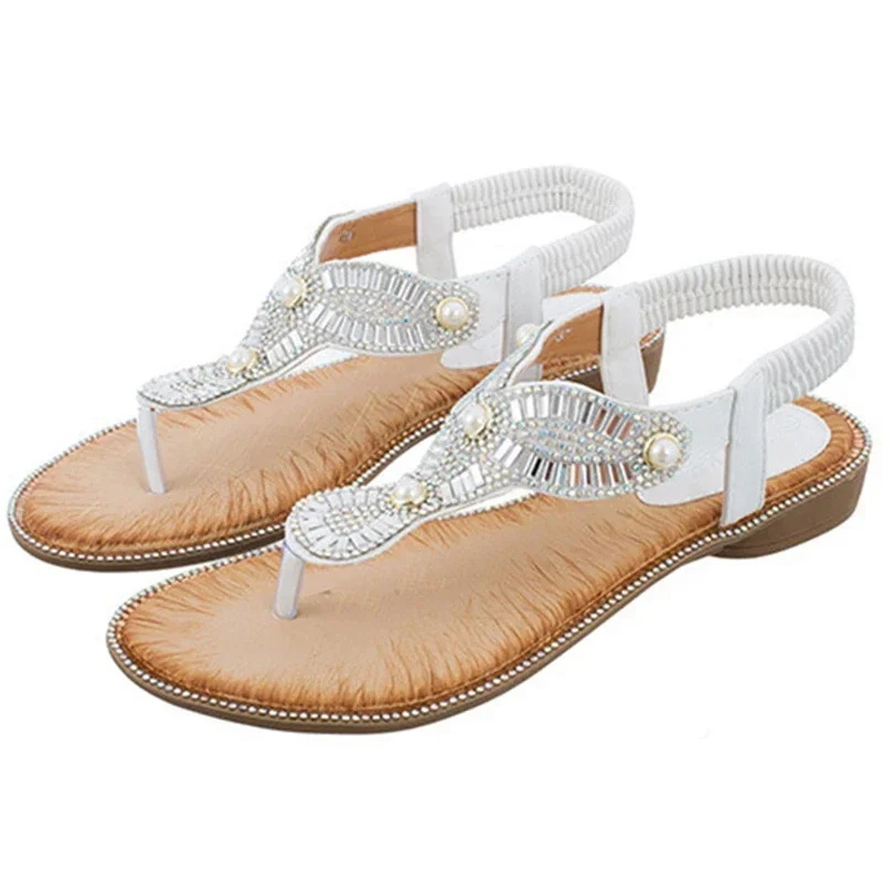 TIMETANGSummer women ladies flat summer ethnic chain pearl sandals beach casual silver shoes zapatos de mujer tacon rosa