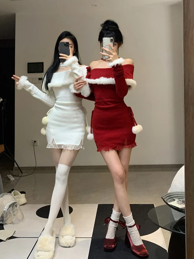 Natale Capodanno aderente mini abito lavorato a maglia donna casual manica lunga dolce elegante anche festa abito intero pelliccia coreana