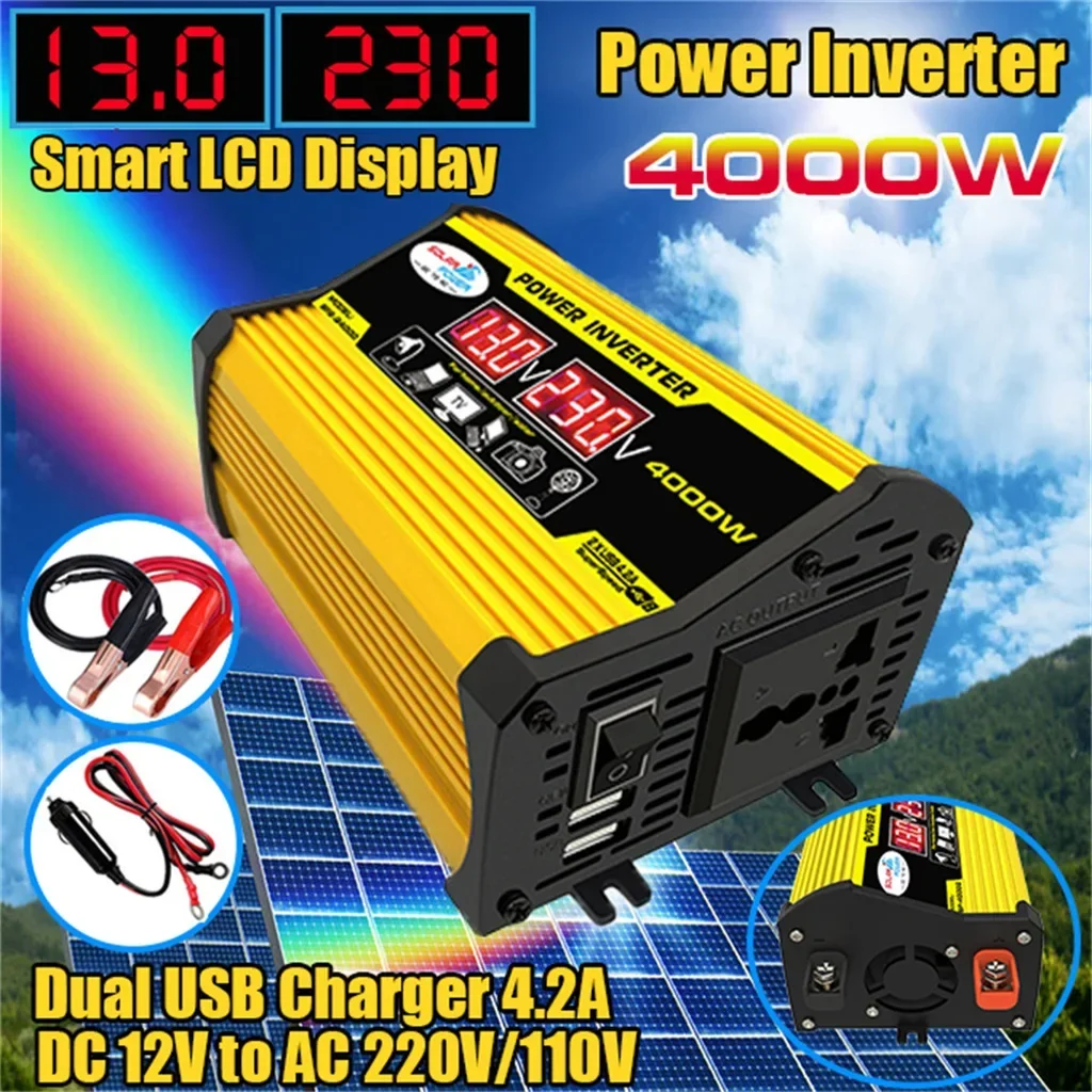 Peak 4000W 12V 220V/110V Car Power Inverter LED AC Converter Charger Adapter Inversor Dual USBTransformer Modified SineWave