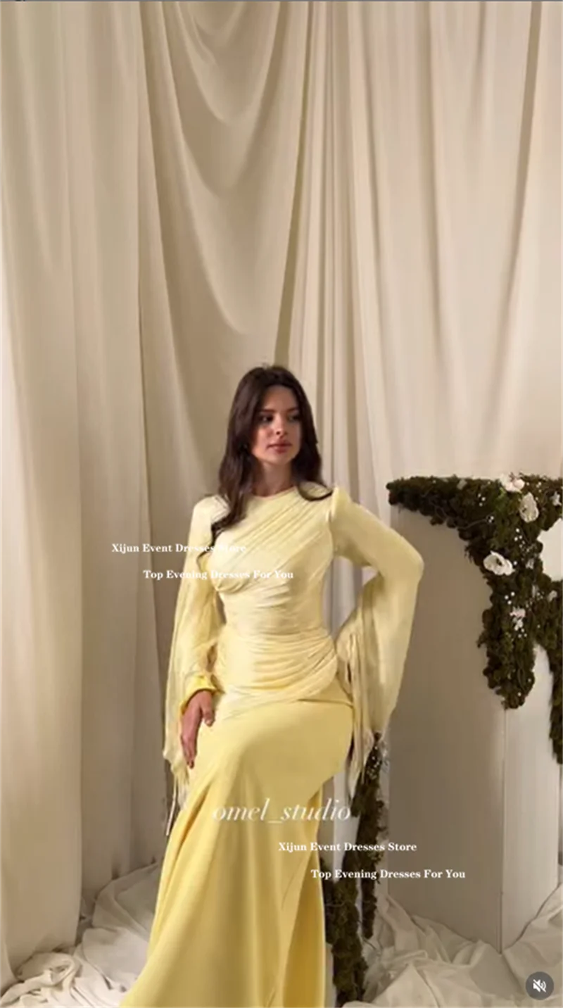Xijun Luxury Baby Yellow Evening Dresses Mermaid Pleated Cape Sleeves Dubai Prom Dresses O-Neck Formal Prom Gowns Customized image 5