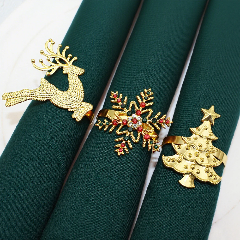 6Pcs Christmas Napkin Rings Gold Metal Snowflake Deer Serviette Buckle Xmas Tree Napkin Holder for Home Christmas Table Decor