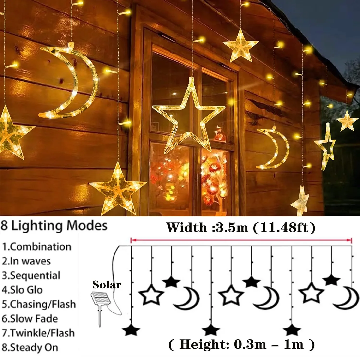 Solar Curtain Lights Outdoor Moon Stars Fairy String Light 138LED USB Rechargeable 8 Modes Timmer Remote for Patio Backyard Tent
