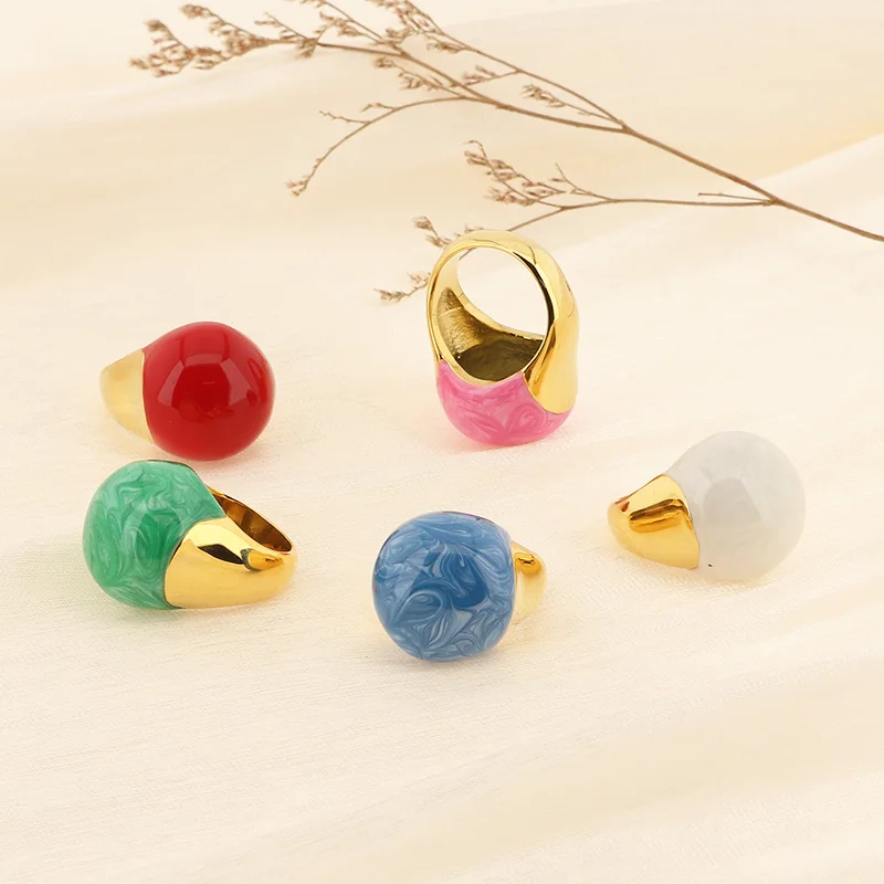 French Stainless Steel Enamel Drop Morandi Large Rings For Women Men Spherical Chunky Rings Fashion Light Luxury Jewelry Gifts