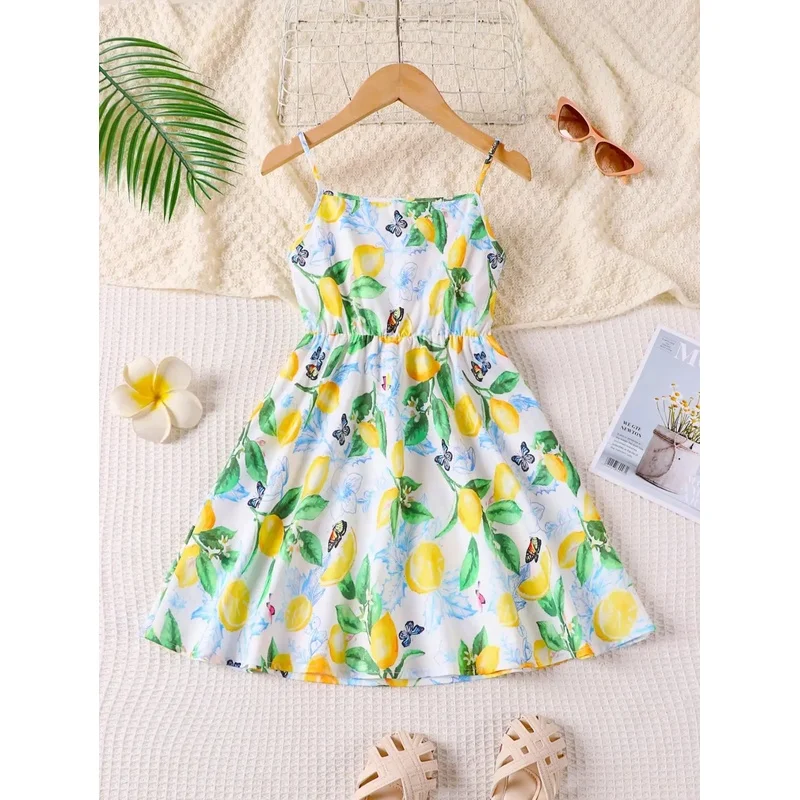 Summer Lemon Butterfly Print Casual Sleeveless Dress Slim Shoulder Strap Slightly Elastic Pleated Hem Women's Fashion Dress