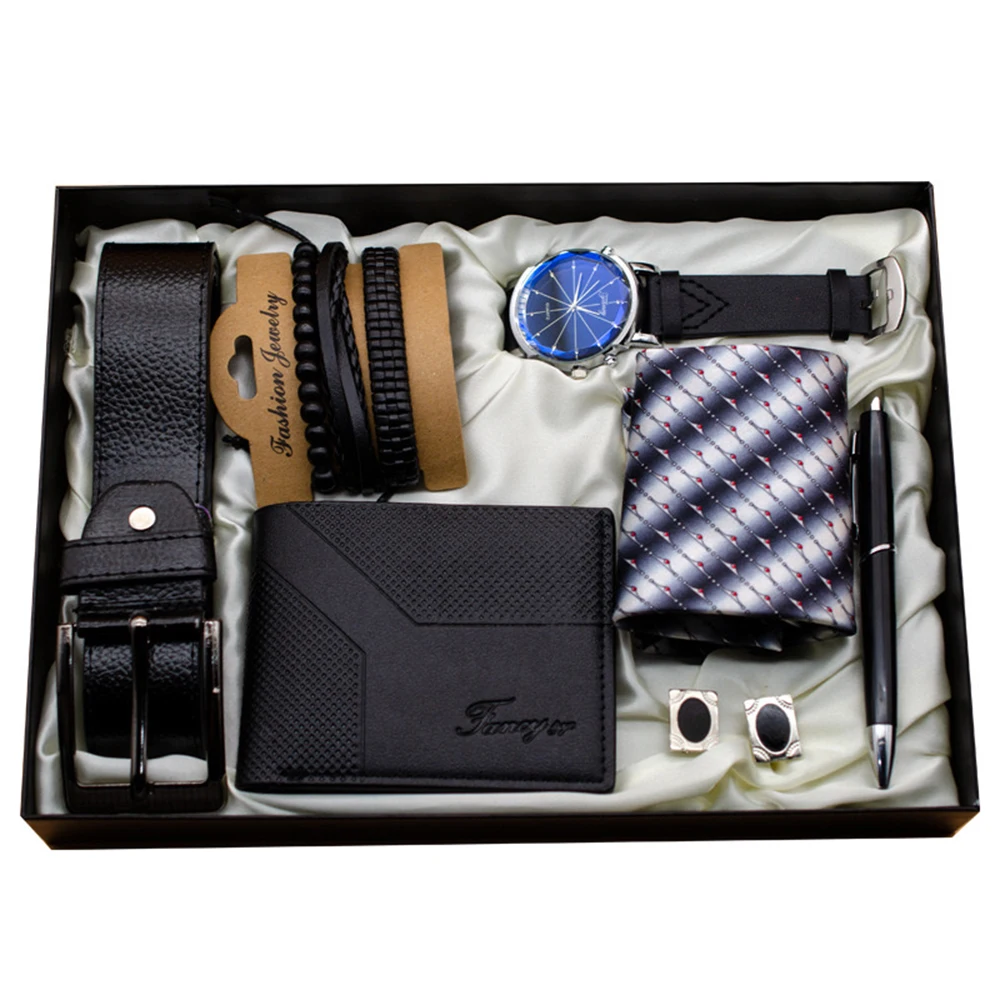 Reloj de negocios de lujo para hombre, conjunto de 7 piezas de cuarzo, bolígrafo, llavero, cinturón, monedero, pulseras, corbata para vacaciones y cumpleaños