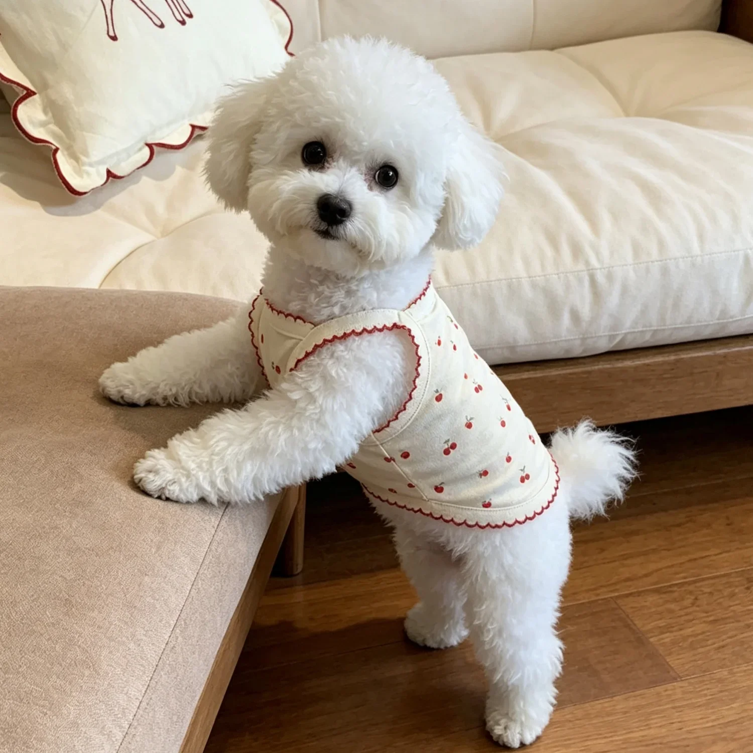 Sommerweste für kleine Hunde, niedliches Kirschmuster, Haustierkleidung, atmungsaktives ärmelloses Welpenshirt aus Baumwolle für Bichon Teddy Cat – Detail 8
