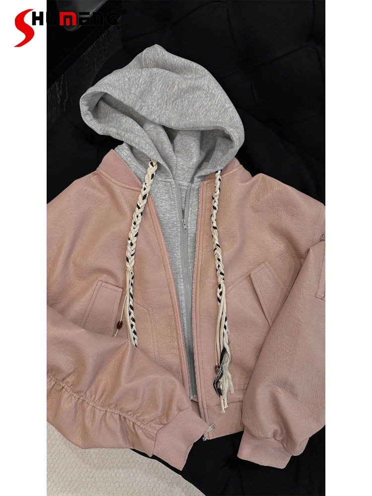 

Male 2025 Autumn New Faux Two-Piece Hooded Leather Jackets Men Trendy Loose Comfort Coats Pocket Decoration Long Sleeve Coats