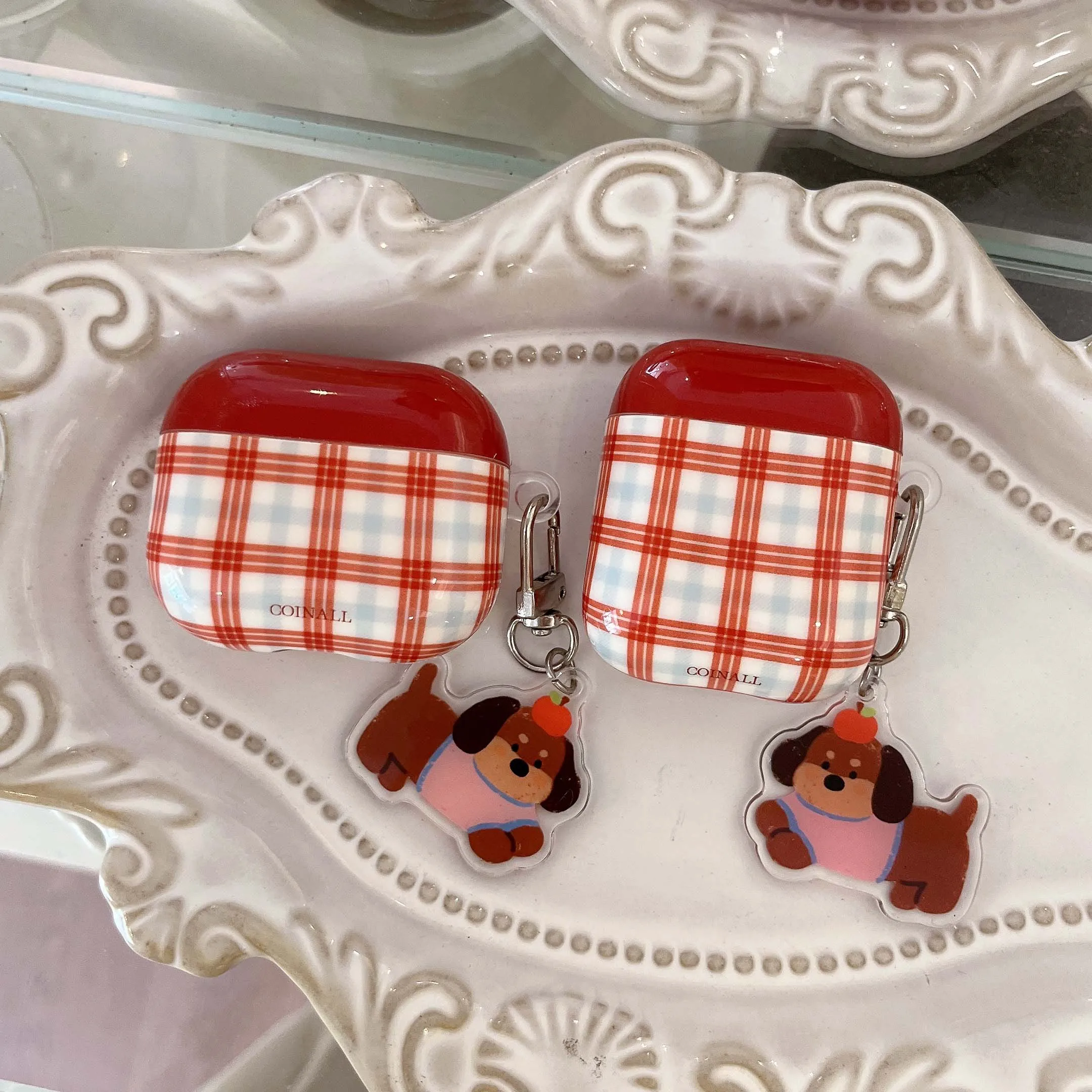 Red lattice cartoon dog puppy imd earphone case wireless bluetooth charging box for apple airpods 5 4 pro 2nd 3 2 1 headset capa