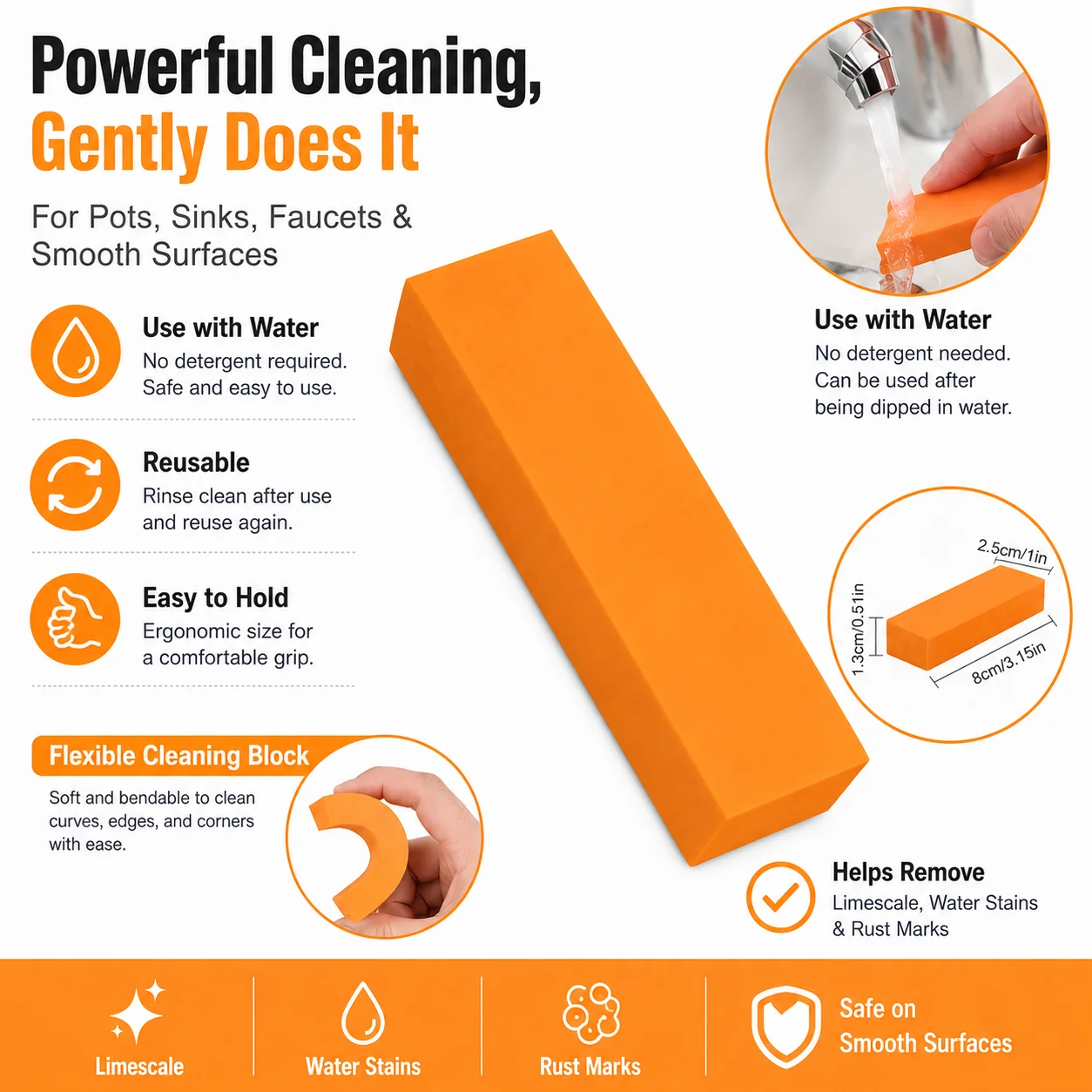 1/3pcs Cleaning Eraser Rust Stain Remover Limescale Cleaner for Kitchen Bathroom Stainless Steel Sink