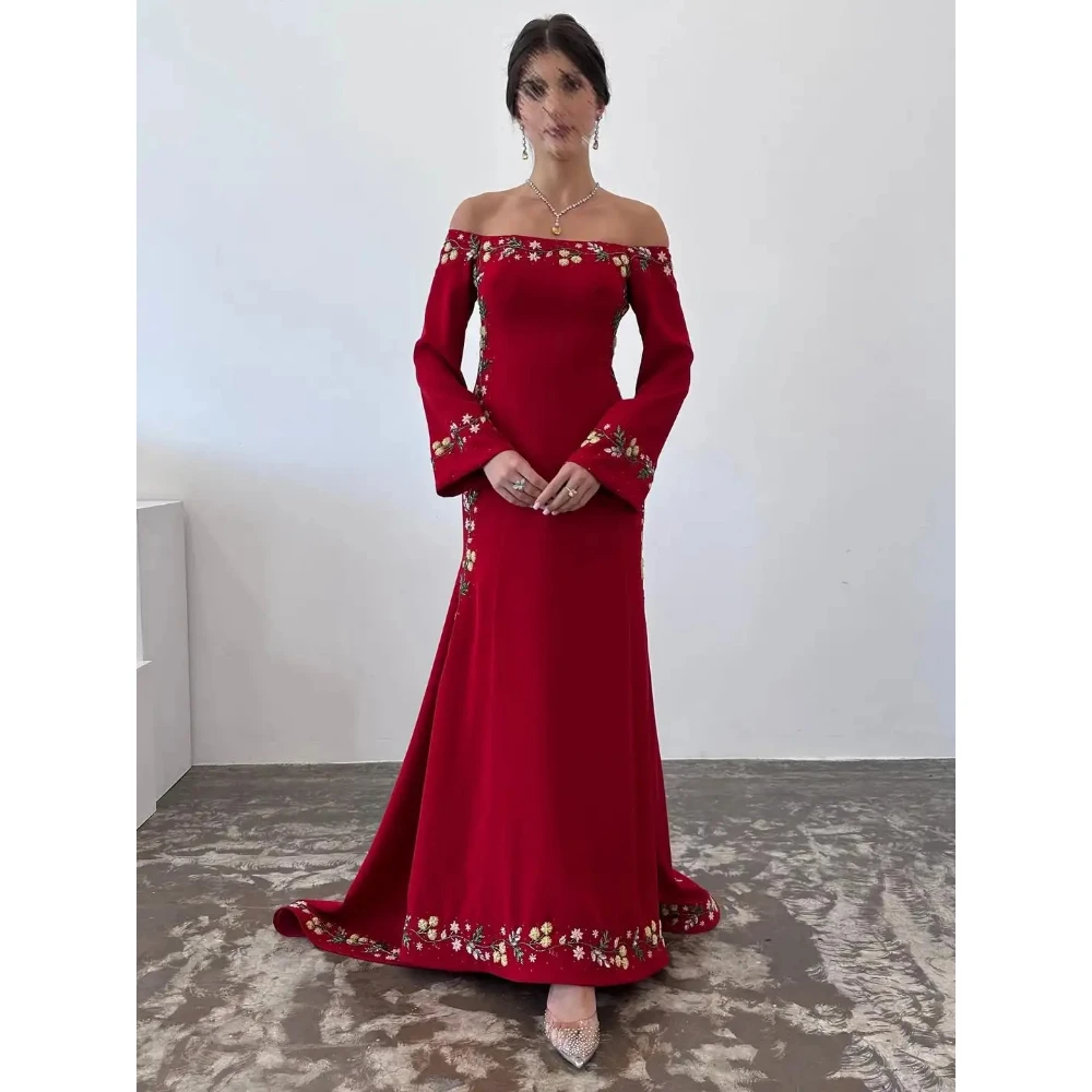 

Красное элегантное вечернее платье с открытыми плечами и длинными рукавами, платье русалки для выпускного вечера, модное платье из джерси с вышивкой, вечернее платье по индивидуальному заказу