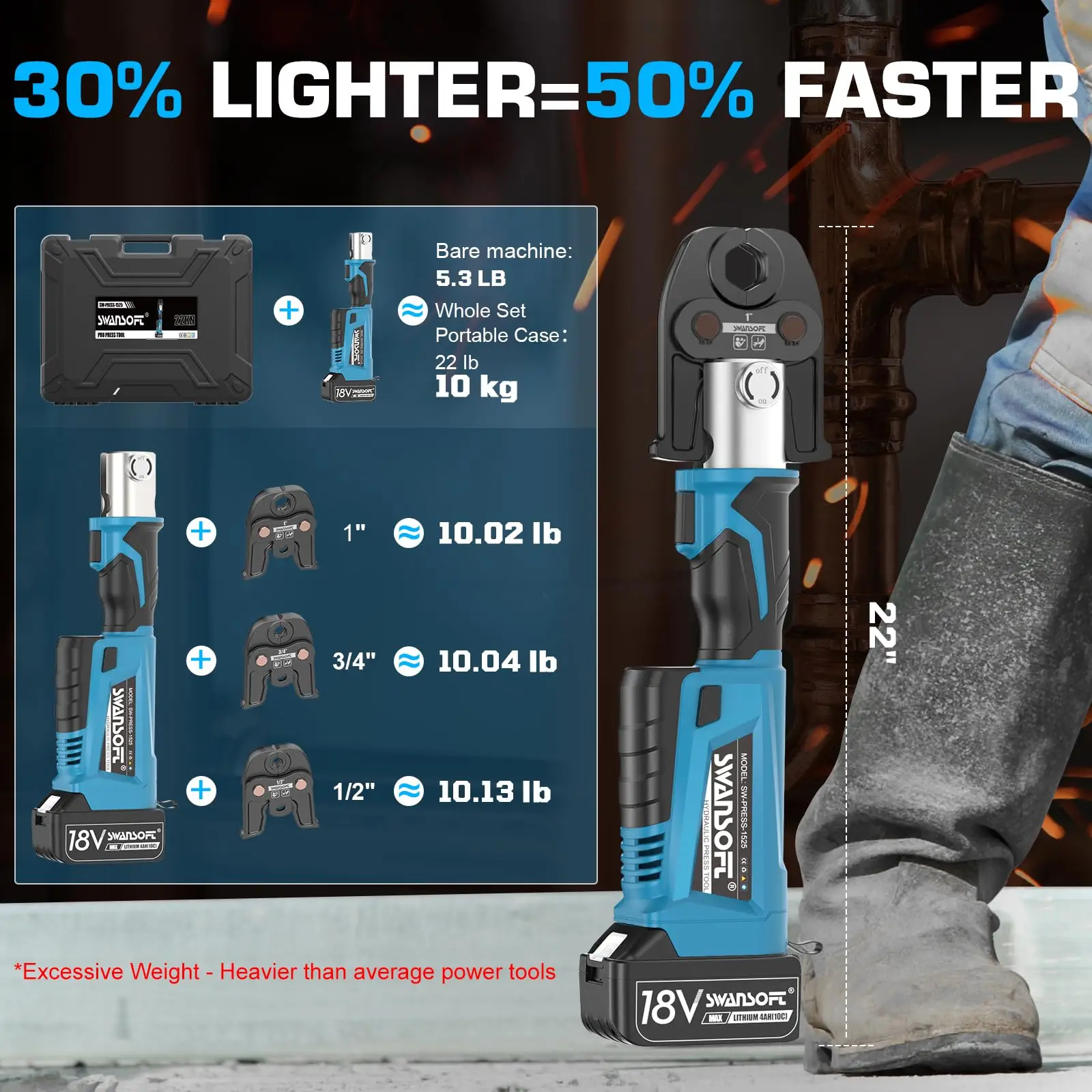 أداة مكشكشة نحاسية 22KN 18V 4Ah مع 3 أداة تجعيد أنابيب فكي قياسية أمريكية، أداة ضغط لاسلكية