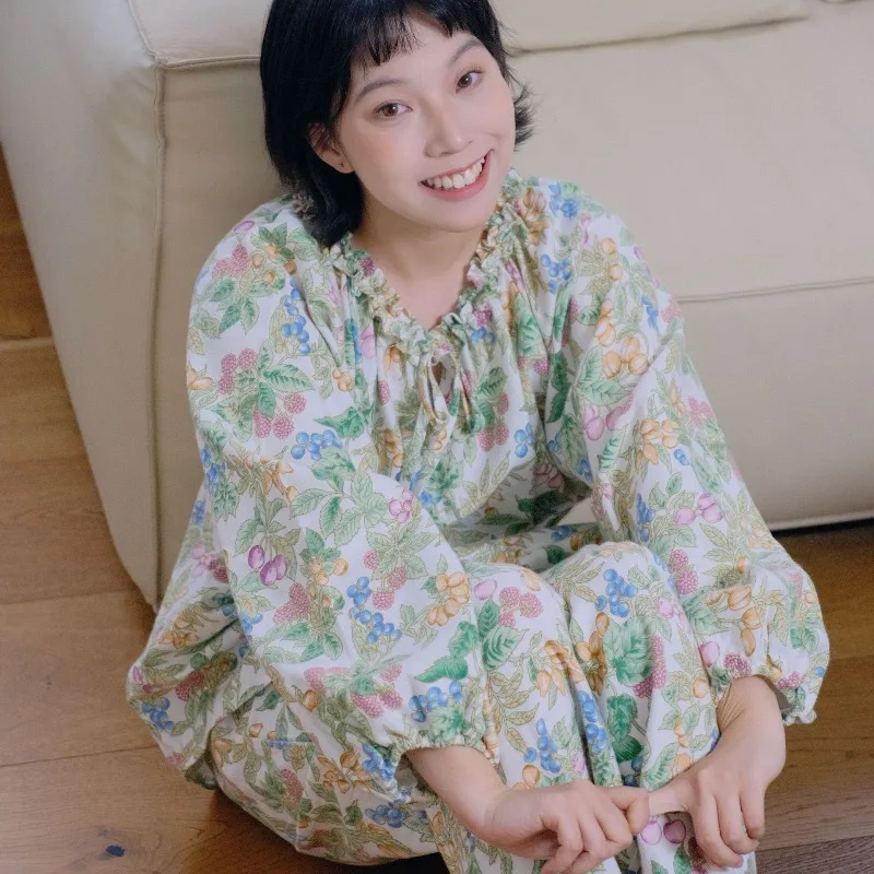 Pyjama en pur coton brossé Double face pour femmes, vêtements d'automne en coton à manches longues pour la maison, adapté à l'extérieur, automne et hiver