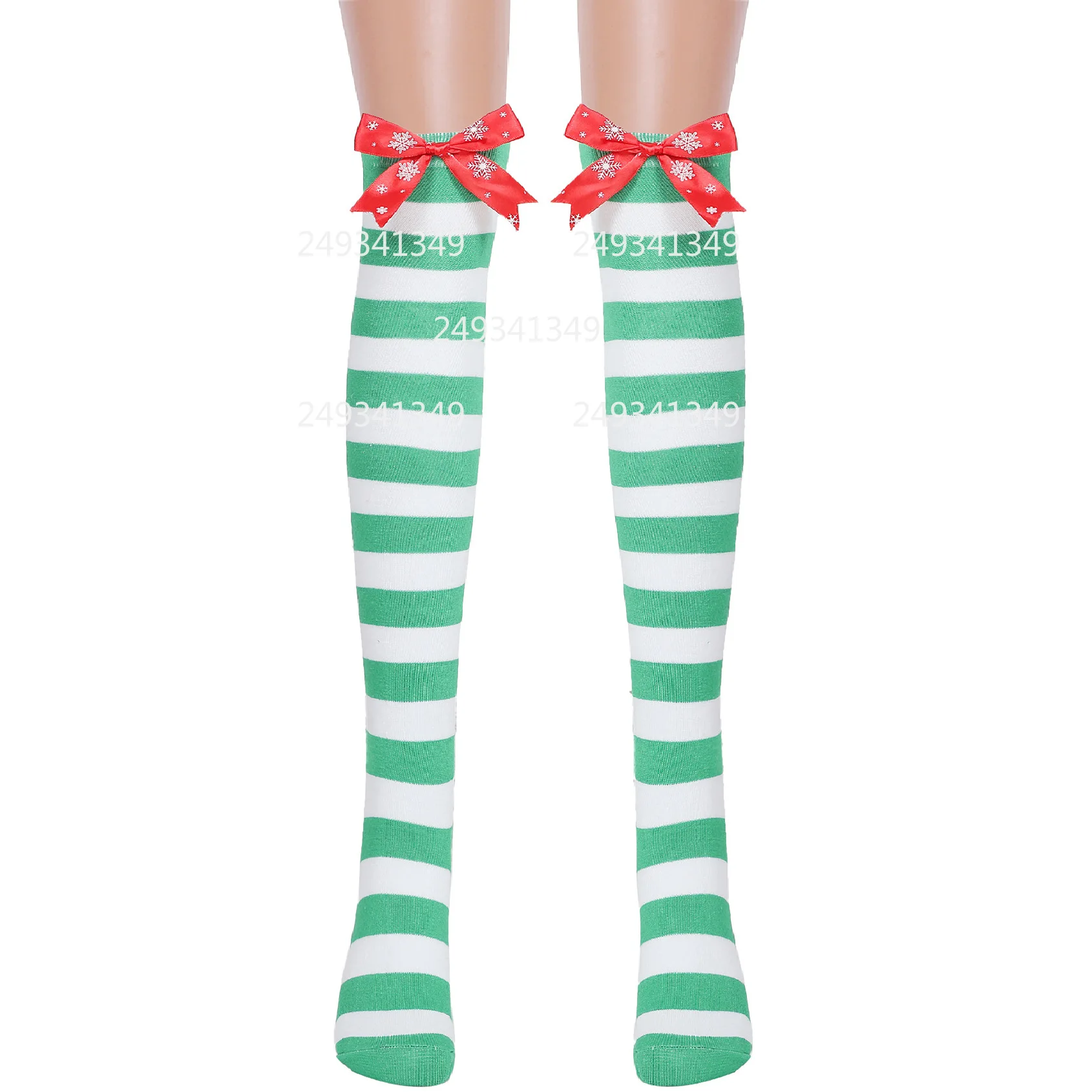Natale Verde Strisce Bianche Calza Cosplay Donna Fiocchi di neve Calze Bowknot Palcoscenico di Natale Calzini al ginocchio Accessori per costumi