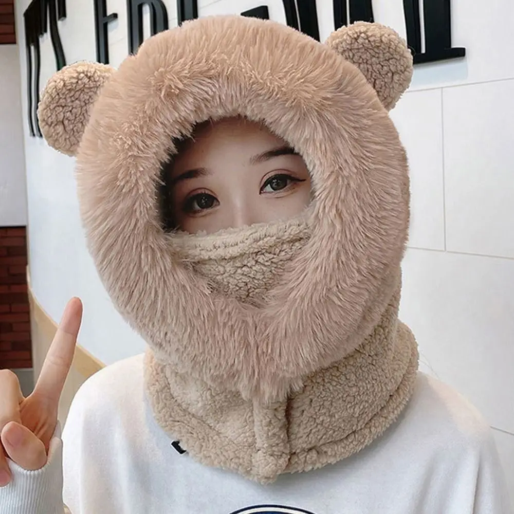 Fashion Keep Warm Beanies Cap Windproof Coldproof Plush Hat Bear Ear Hat for Outdoor Riding