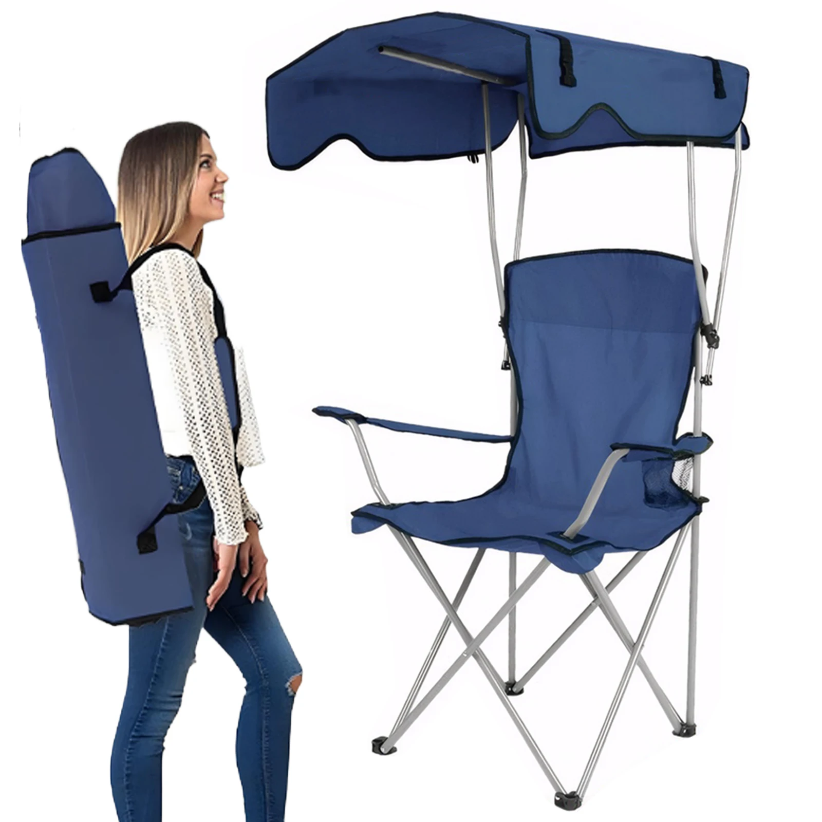 Large Camping Lawn Chair with Ceiling & Cup Holder Folding Fishing Chair Wear Resist Portable Sunshade Chair for Poolside Travel