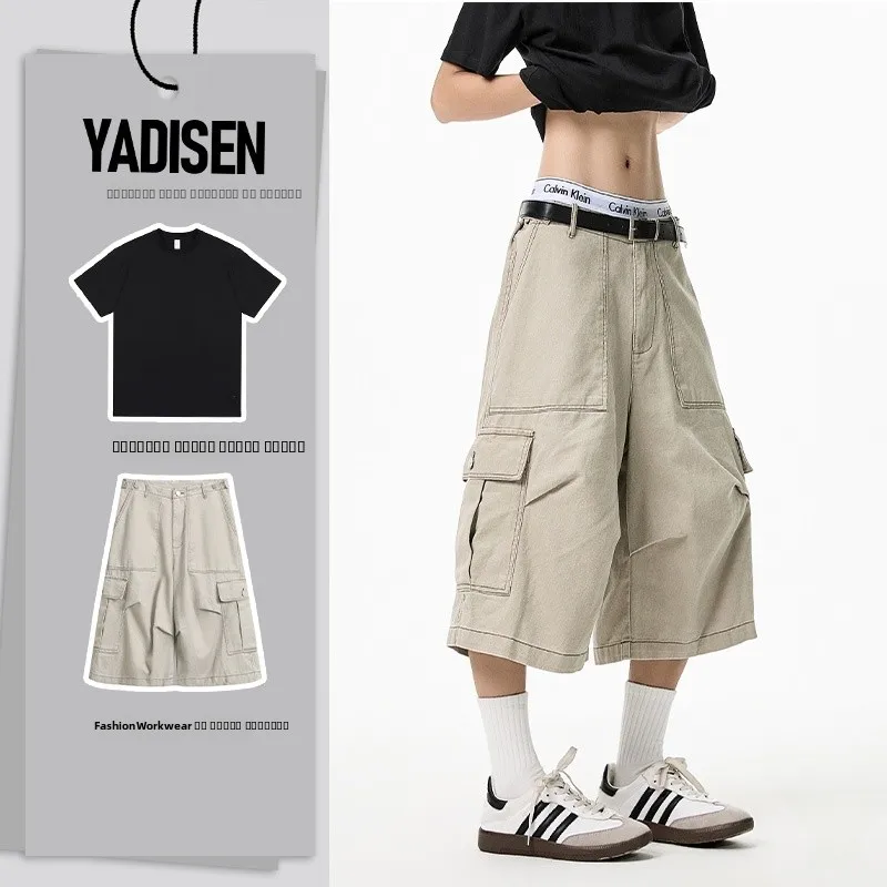 

Khaki Pleated Wide Leg ort Pants Men Summer OOTD Vintage American Workwear Seven-Foot Casual Loose Fit Polyester Fiber