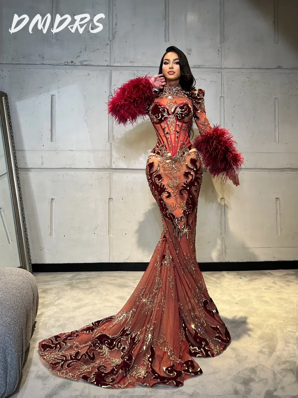 Luxurious Beaded Prom Dress 2025 Elegant Long Sleeve Evening Dress Charming Sequined A-line Floor-Length Gown Customized