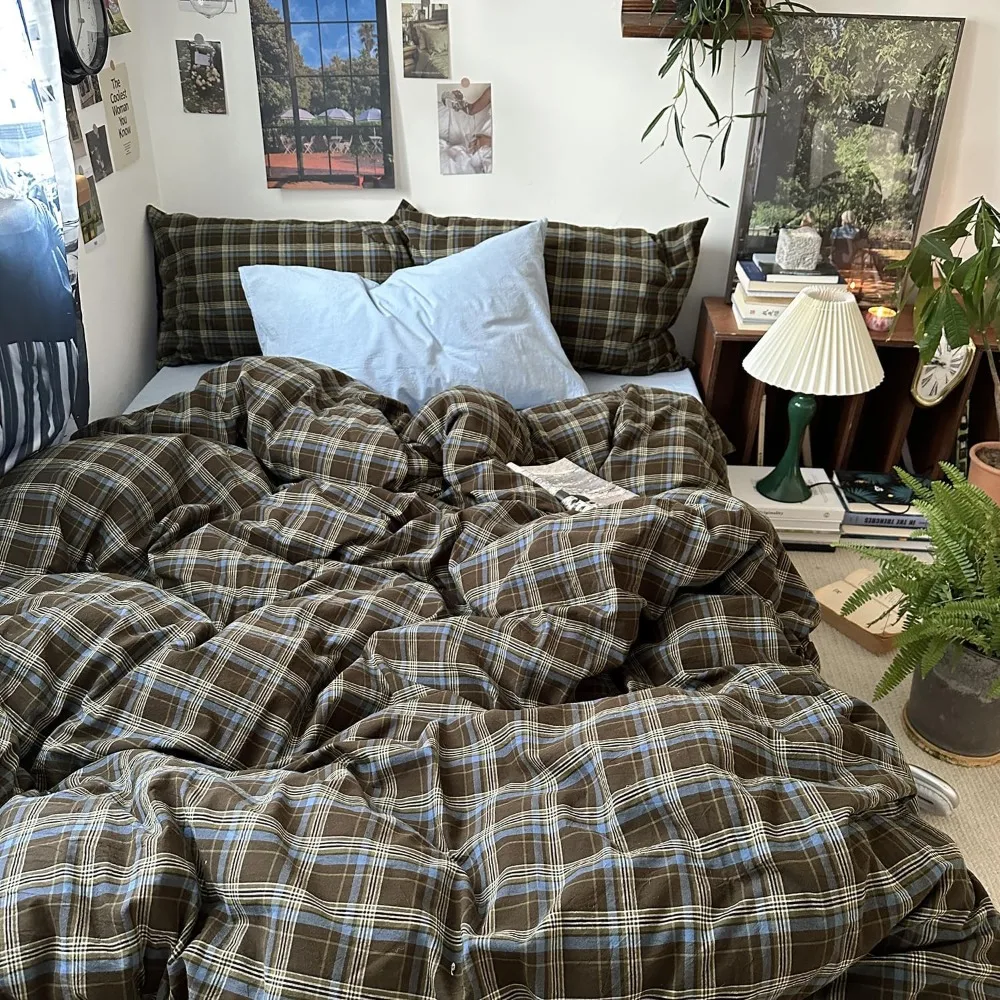 Twin XL Buffalo Plaid Duvet Cover 3 Piece Washed Cotton Bedding Set Blue Brown Green