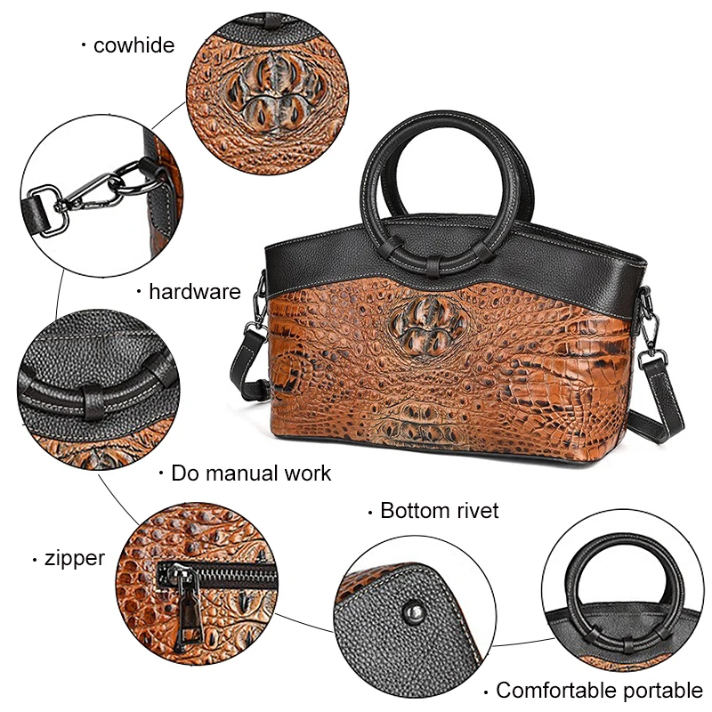 New luxury first layer cowhide women\'s bag handbag vintage crocodile embossed cowhide shoulder bag crossbody bag leather women\'s