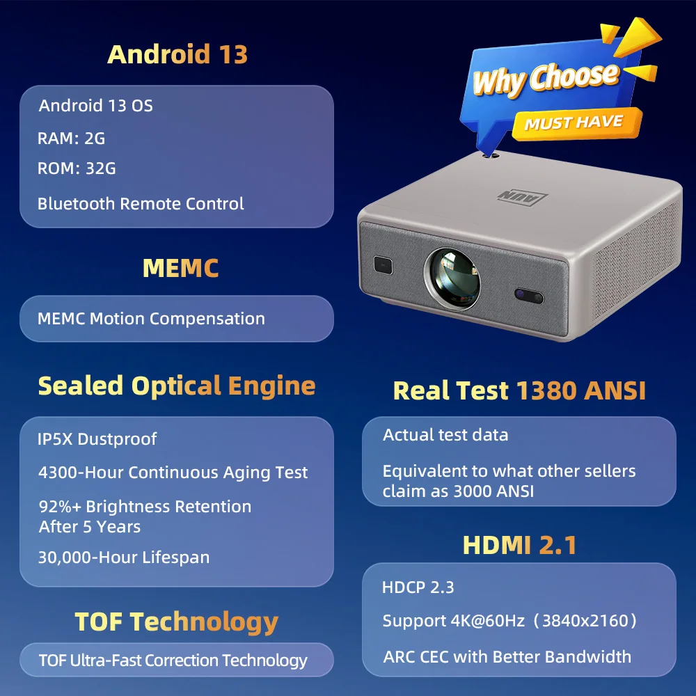 AUN U002 Pro Projector Android 2+32G 300 Inch 4K LED Video Projector 1080P FHD TOF Focus Home Theater Bluetooth Speaker Smart TV