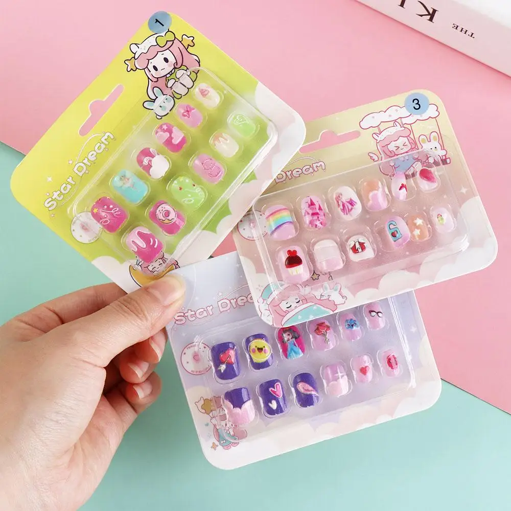 12Pcs/set Nail Supplies Children False Nails Manicure Material Nail Accessories Kids Cartoon Fake Nails Bowknot Rainbow Cloud